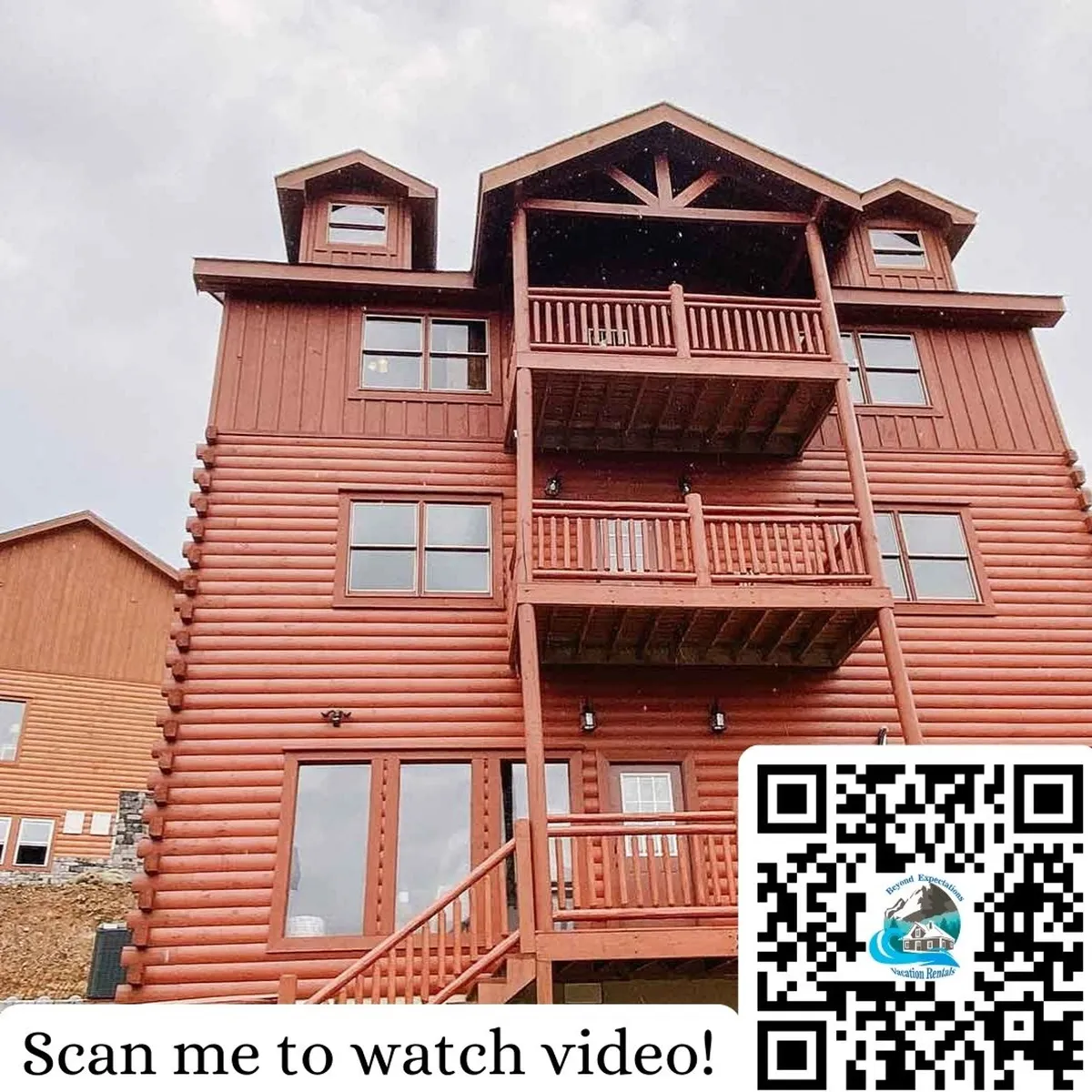 This exterior image showcases the luxury cabin's wooden log exterior with large balconies and windows, set against a natural backdrop. The scene hints at relaxation and group gatherings, with people enjoying the view from the balconies and the warm, inviting architecture promising memorable moments.